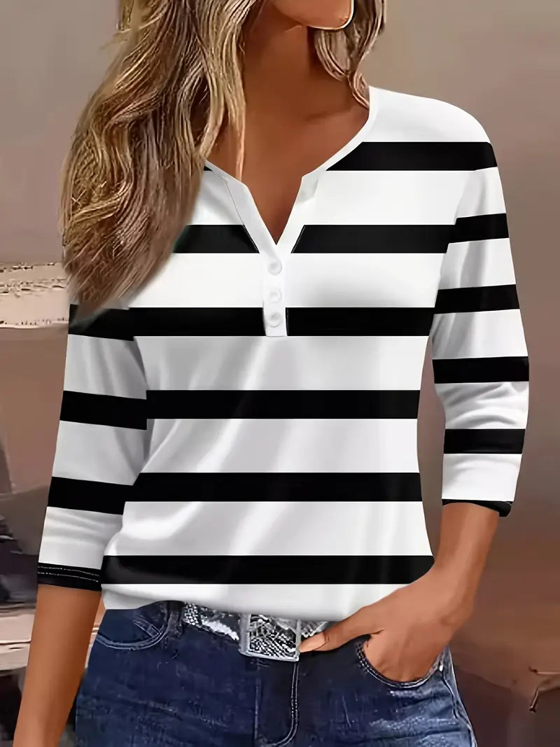 MELANIE – STRIPED BUTTON HENLEY TOP