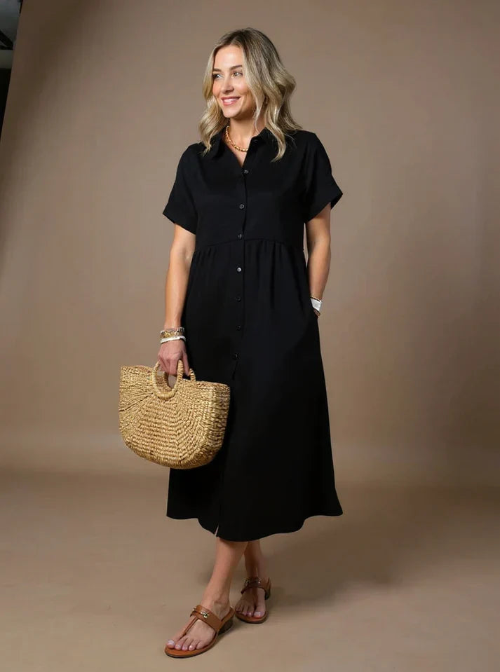 MADELINE – STRIPED BUTTON-DOWN RELAXED MIDI DRESS