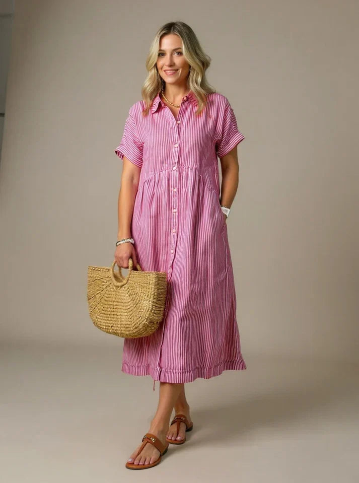 MADELINE – STRIPED BUTTON-DOWN RELAXED MIDI DRESS