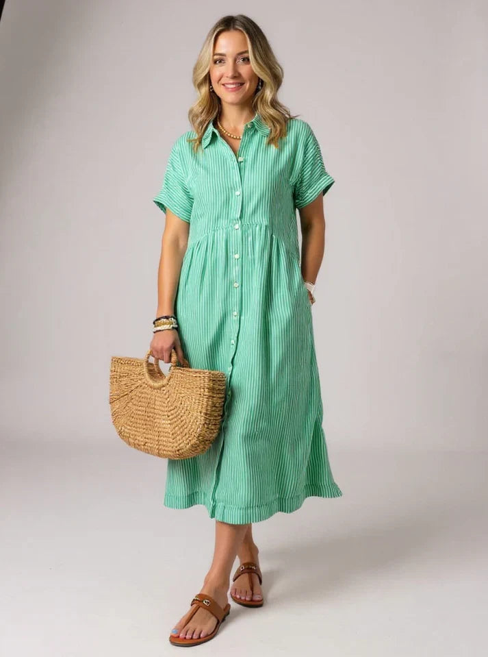MADELINE – STRIPED BUTTON-DOWN RELAXED MIDI DRESS